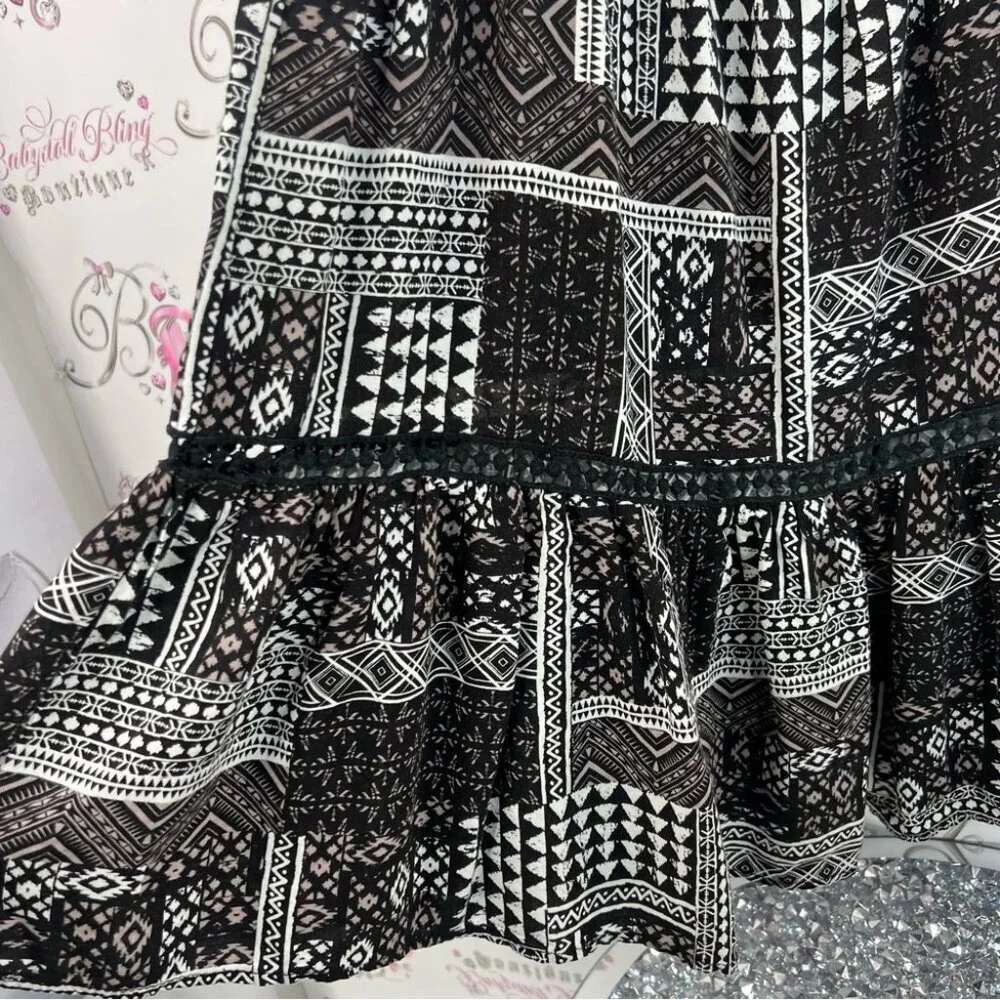 Bluenotes dress ruffle hem Aztec boho white Black and White Patterned Dress